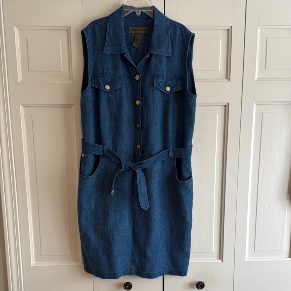 Jones Jeans Chic Blue Sleeveless Denim Linen Dress with Belt